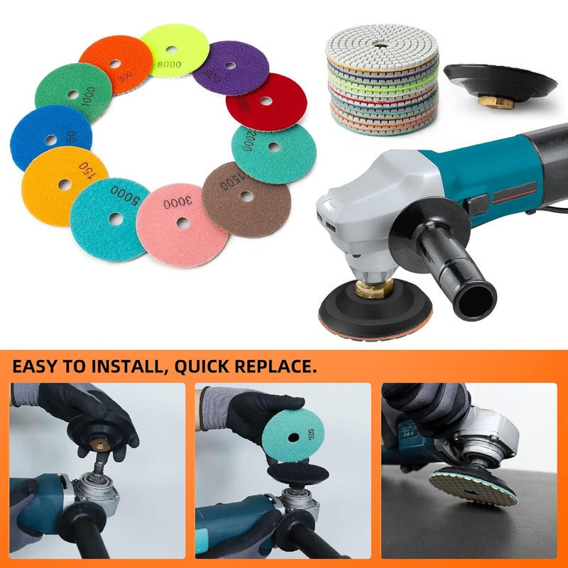AxPower 13 Packs 4 Inch Diamond Polishing Pads with 5/8’’-11 Backer Pad 12PCS Wet/Dry Polish Pad Kit for Drill Grinder Polisher 50-8000 Grit Pads for Granite Marble Concrete Stone Countertop Quartz Polishing - Image 4